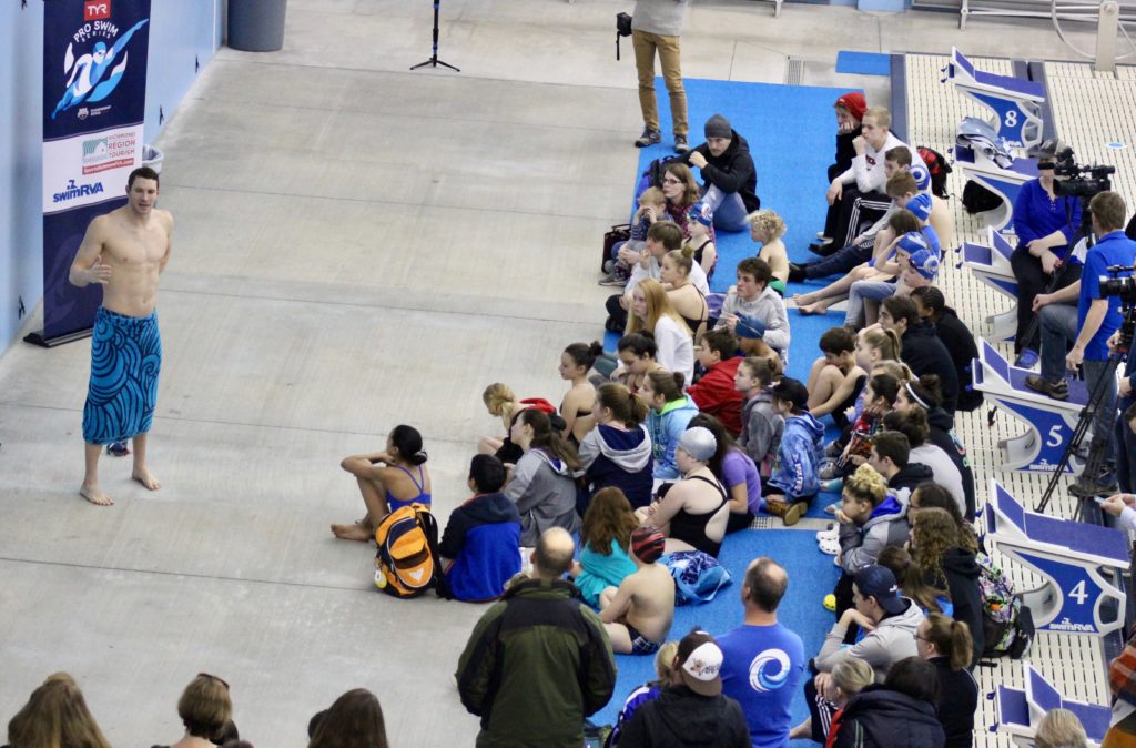 Ryan Murphy speaking to SwimRVA Rapids at the TYR Pro Swim Series Media Day in Richmond